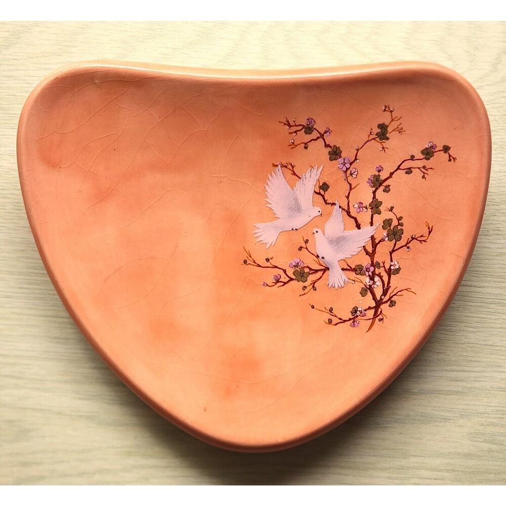 Wall Pocket-Vintage-Melon Color-Hand Painted-Cherry Blossom-Doves-Wall Hanger
